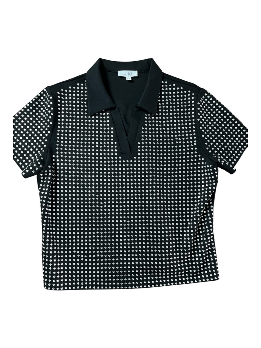 del RA Black Rhinestone Embellished Polo Shirt - Glam V-Neck Top